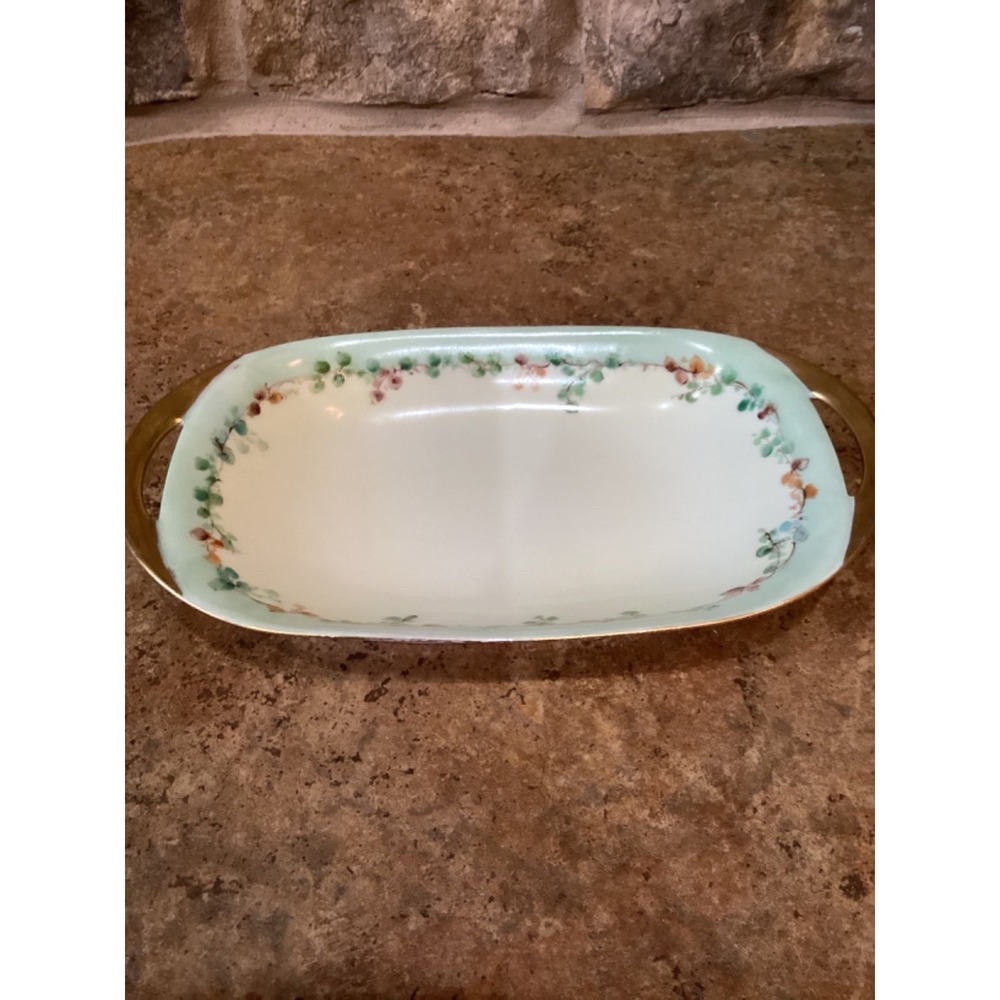 Antique Haviland France Dish Flowers Limoges Blue Green Gold Paint Handles